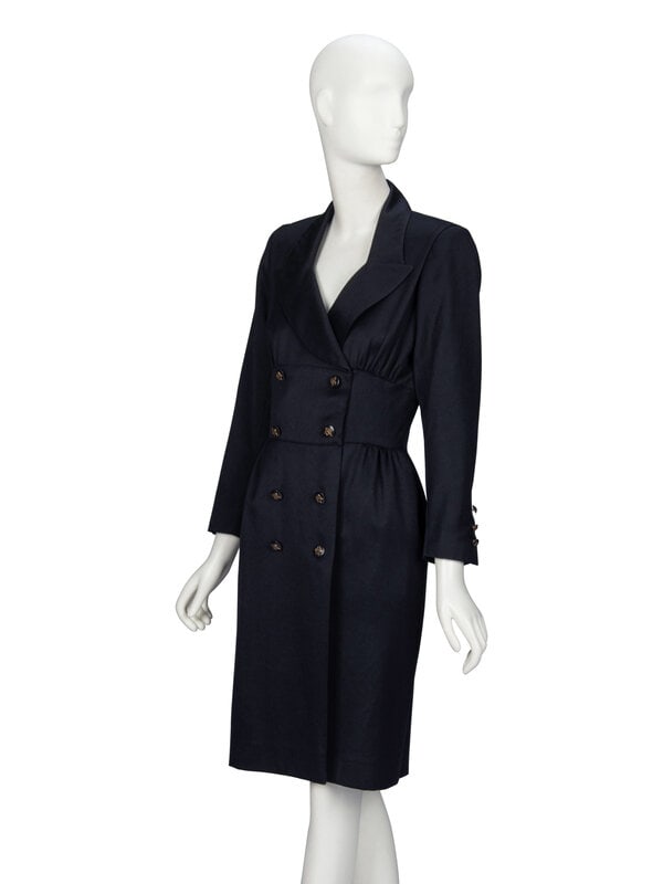 Hermès, Fitted Black Wool Dress: Hermès, Fitted Black Wool Dress Fitted dress with in black wool twill. Notched and peaked lapels. Full-length sleeves with three-button closures at cuffs. Bodice and skirt gathered int