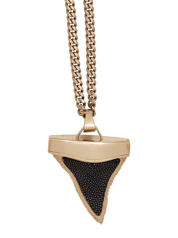 Givenchy, Shark Tooth Pendant Necklace: Givenchy, Shark Tooth Pendant Necklace Shark tooth pendant necklace in gold-tone metal with faux-shagreen inset. Chain necklace with lobster claw clasp. Includes dust bag.Label: