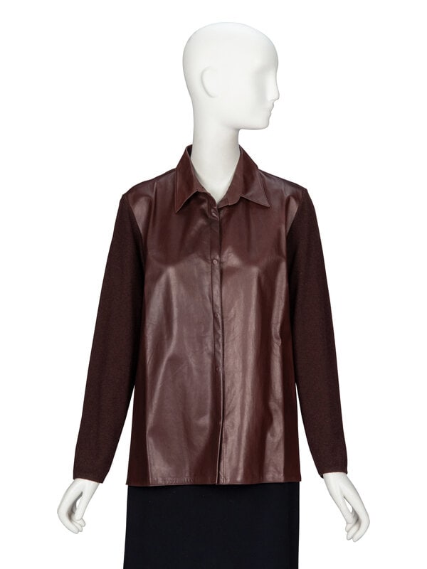 Brunello Cucinelli, Leather & Cashmere Overshirt: Brunello Cucinelli, Leather & Cashmere Overshirt Overshirt in brown leather and brown cashmere knit. Pointed collar. Full-length knit sleeves. Concealed snap closures at front. Unlined.