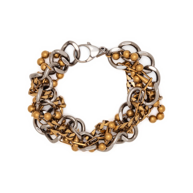 Balenciaga, Layered Multi-Chain Necklace: Balenciaga, Layered Multi-Chain Necklace Layered multi-chain necklace in silver-tone metal & brass. Lobster claw clasp. Includes box. Label: Balenciaga Date: 2000's-2010's Country of Origin: