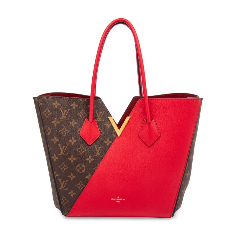 Louis Vuitton, Kimono Tote Bag: Louis Vuitton, Kimono Tote Bag Kimono tote bag in monogram coated canvas and grained red calfskin leather with gold-tone hardware. Open top with internal latch closure and rolled leather handles. 