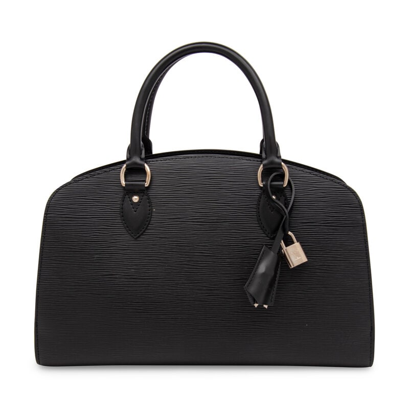 Louis Vuitton, Black Epi Pont-Neuf Handbag: Louis Vuitton, Black Epi Pont-Neuf Handbag Small Pont-Neuf handbag in black Epi leather with silver-tone hardware. Double-ended locking zipper closure and rolled leather handles. Label: Louis