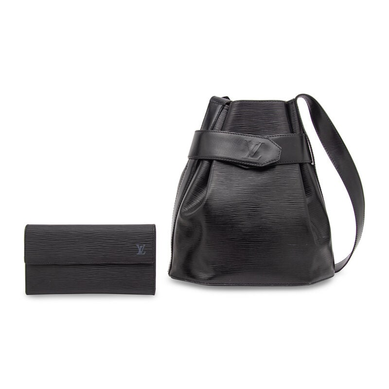 Louis Vuitton, Black Epi Sac d'Epaule & Wallet: Louis Vuitton, Black Epi Sac d'Epaule & Wallet BAG Sac d'Epaule shoulder bag in black Epi leather. Open top with snap-closure belt to gather and adjustable flat leather strap. Label: Louis