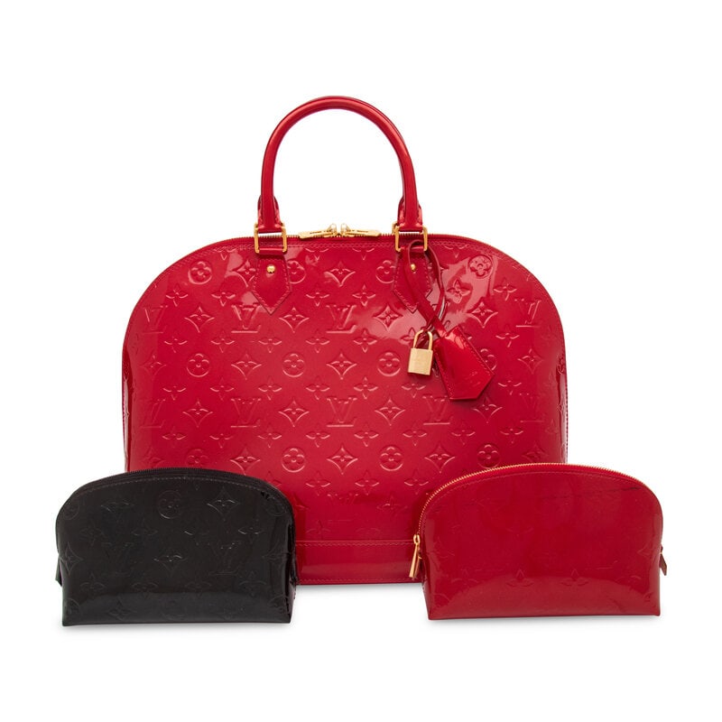 Louis Vuitton, Red Patent Large Alma Handbag & Two Patent Zipper Pouches: Louis Vuitton, Red Patent Large Alma Handbag & Two Patent Zipper Pouches THE FIRST Large/GM Alma handbag in red monogram-embossed patent leather with gold-tone hardware. Locking double-ended