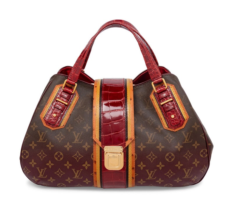 Louis Vuitton, Monogram Mirage Griet Bag: Louis Vuitton, Monogram Mirage Griet Bag Griet Bag in bordeaux monogram mirage coated canvas with with alligator skin, snakeskin, and ostrich skin trim. Gold-tone hardware. Push-lock closure and