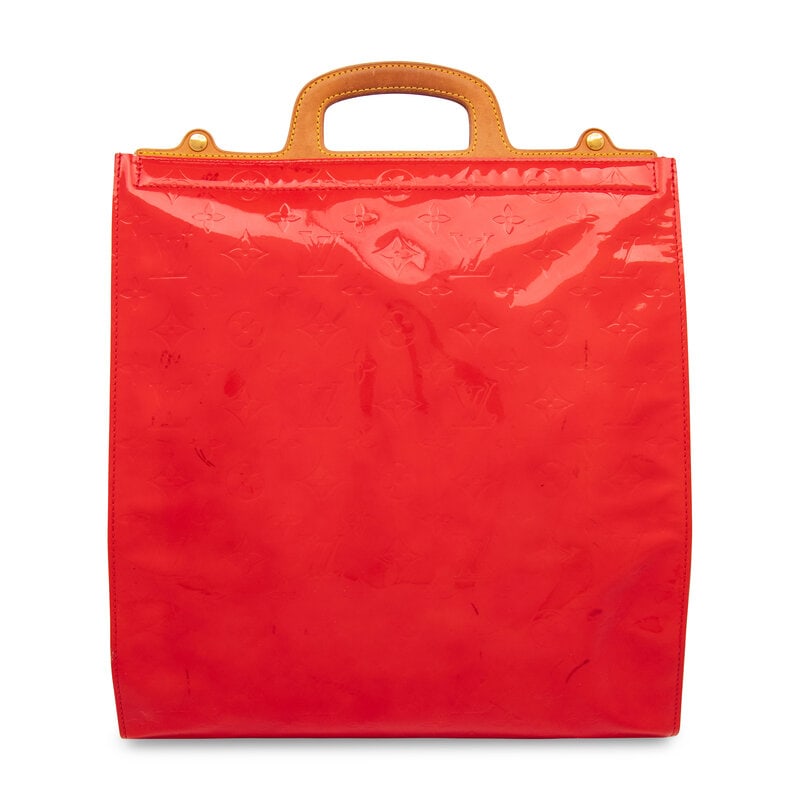 Louis Vuitton, Red Patent Leather Stanton Tote: Louis Vuitton, Red Patent Leather Stanton Tote Stanton tote bag in cherry red embossed monogram patent leather with Vachetta leather trim. Snap closures and incorporated leather handles. Label: