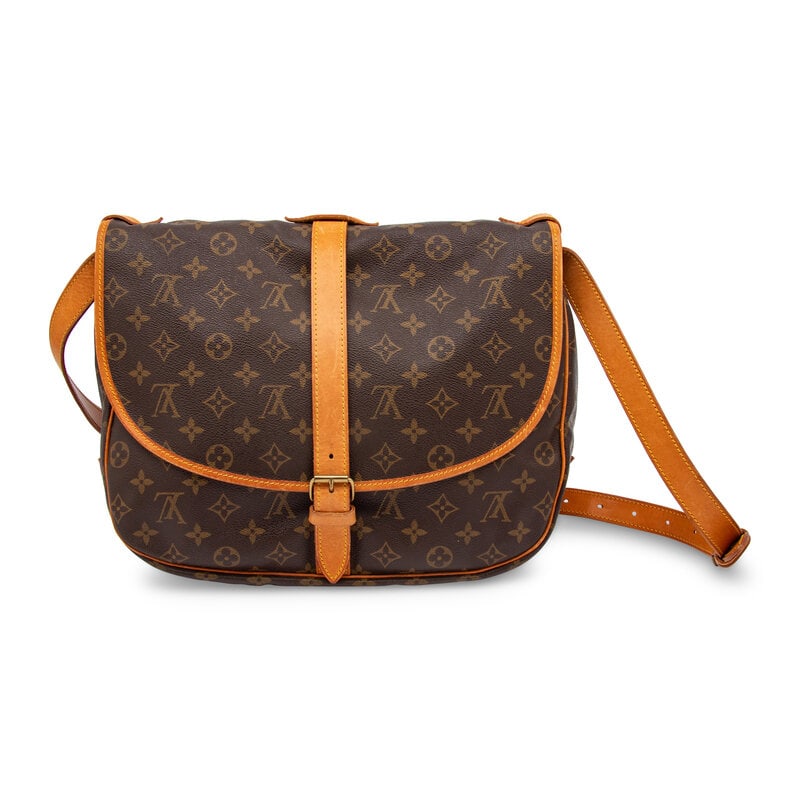 Louis Vuitton, Saumur 30 Monogram Messenger Bag: Louis Vuitton, Saumur 30 Monogram Messenger Bag Saumur 30 bag in monogram print coated canvas with vachetta leather trim. Buckled strap closures and adjustable flat leather strap. Label: Louis