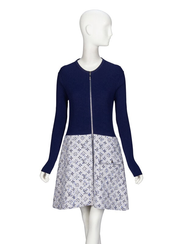 Louis Vuitton, Knit & Tweed Dress: Louis Vuitton, Knit & Tweed Dress Long-sleeved dress in navy ribbed knit with a LV monogram-effect bouclé tweed skirt. Round flat neckline. Full-length fitted sleeves. Slight drop waist