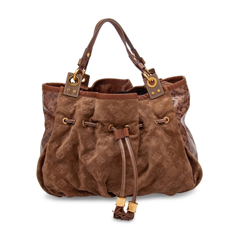 Louis Vuitton, Patent & Suede Irene Coco Bag: Louis Vuitton, Patent & Suede Irene Coco Bag Irene Coco hobo bag in brown monogram-embossed suede and brown monogram-printed patent leather with brown leather trim. Drawstring closure a
