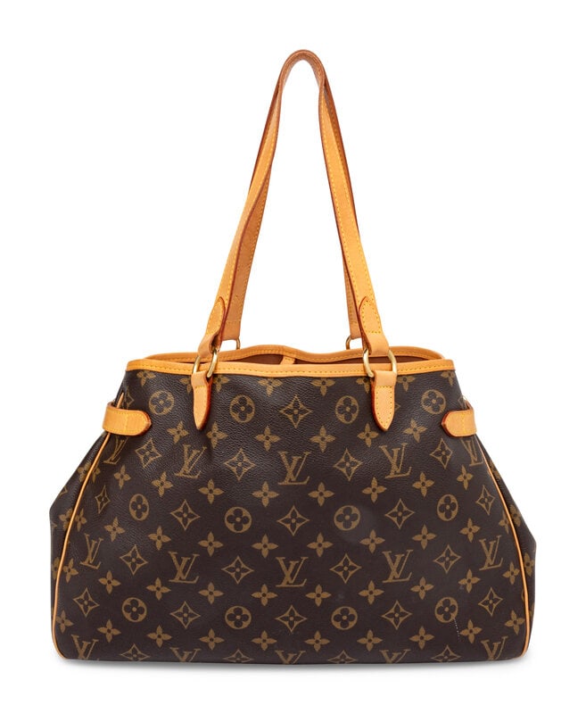 Louis Vuitton, Monogram Batignolles Horizontal Tote: Louis Vuitton, Monogram Batignolles Horizontal Tote Batignolles Horizontal Tote in monogram coated canvas and vachetta leather trim with gold-tone hardware. Open top with clip closure and flat