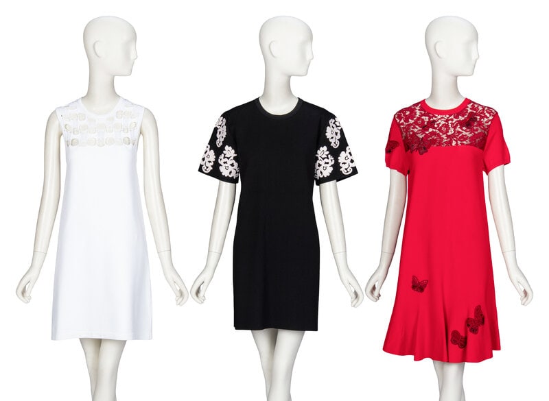 Louis Vuitton & Valentino, Three Knit Dresses: Louis Vuitton & Valentino, Three Knit Dresses THE FIRSTSleeveless shift dress in white viscose-blend knit; some stretch content. Round collarless neckline. Open cutwork & ladd