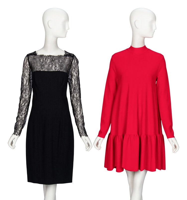 Carolina Herrera & Valentino, Two Dresses: Carolina Herrera & Valentino, Two Dresses THE FIRSTLong sleeve dress in black stretch lace and black jersey knit. Square neckline. Full-length lace sleeves. Fitted at waist, with