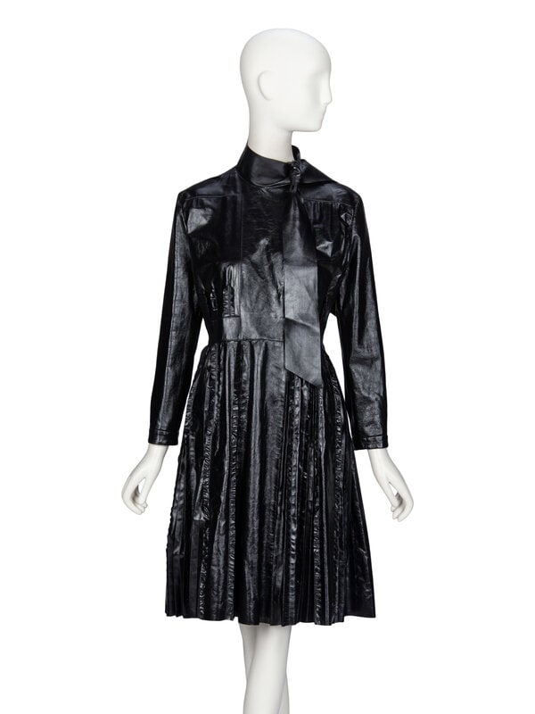 Valentino, Glossy Black Leather Dress: Valentino, Glossy Black Leather Dress A different color of this dress is as seen in runway look #31 of the Pre-Fall 2017 ready-to-wear collection by Pier Paolo Piccioli. Long-sleeve dress in