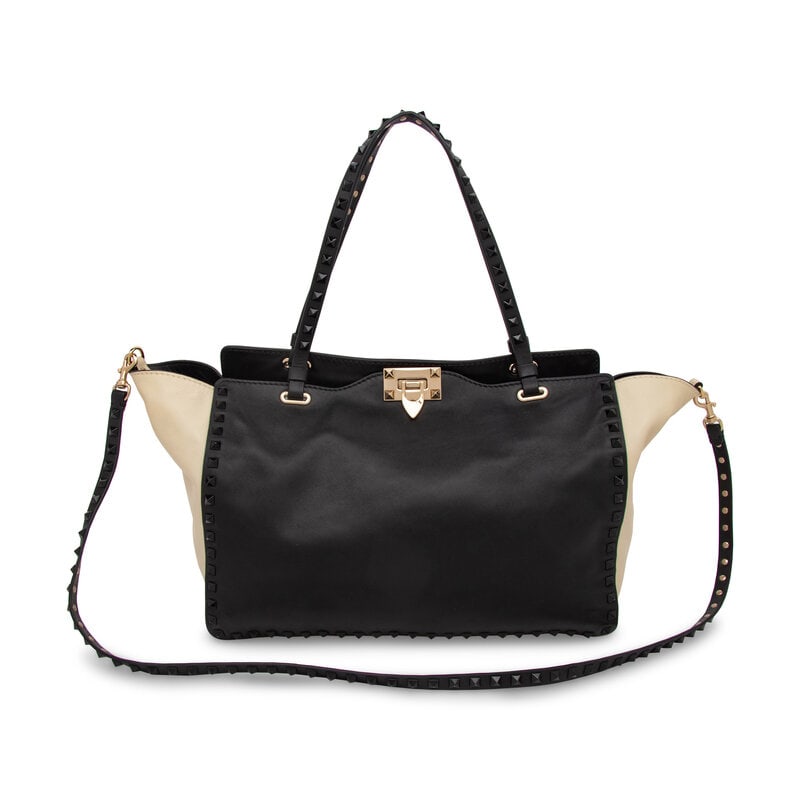 Valentino, Black & White Medium Rockstud Tote - 6