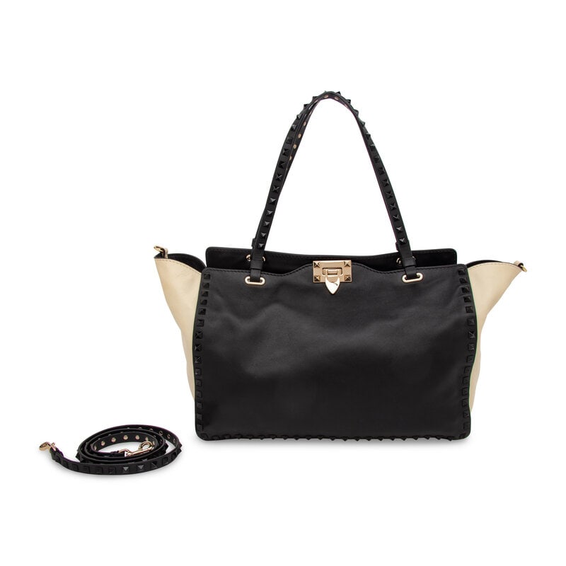 Valentino, Black & White Medium Rockstud Tote - 7