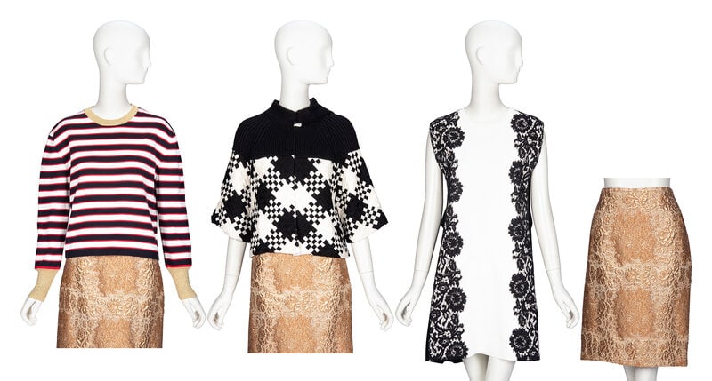 Valentino, Four Garments: Valentino, Four Garments THE FIRST Crewneck sweater in red, white & navy striped cotton knit, with metallic gold ribbing at neckline and cuffs. Round collarless neckline. Full-length sleeves.