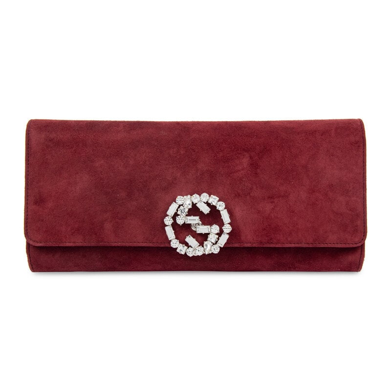 Gucci, Merlot Suede Clutch: Gucci, Merlot Suede Clutch Clutch in merlot suede with an interlocking rhinestone GG latch closure. Label: Gucci Style/Serial No.: 355633 204990 Date: 2000's-2010's Country of Origin: Italy 