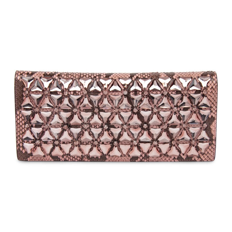 Gucci, Pink Python Embellished Clutch: Gucci, Pink Python Embellished Clutch Clutch in pale pink python skin with tonal rhinestone embellishments at front flap. Magnetic snap closure. Label: Gucci Style/Serial No.: 363298 000926 Date: