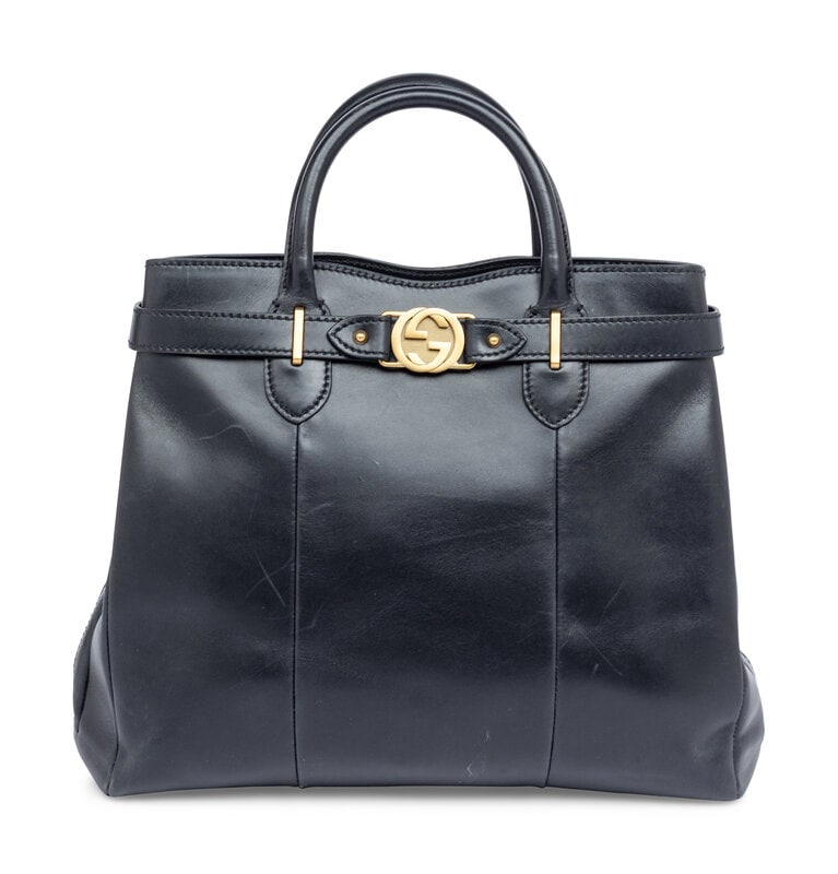 Gucci, Black Leather Tote: Gucci, Black Leather Tote Tote bag in black leather with matte gold-tone hardware. Corded leather handles. Label: Gucci Style/Serial Number: 114888 205011 Date: 2000's Country of Origin: Italy 