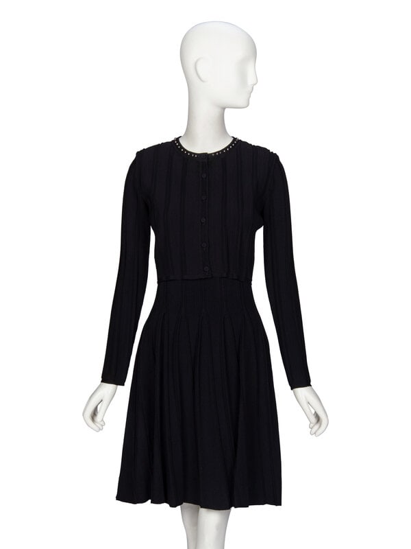 Gucci, Knit Dress & Cardigan Set: Gucci, Knit Dress & Cardigan Set CARDIGAN Cropped fitted cardigan in black ribbed knit; moderate stretch content. Round collarless neckline with metal bead embellishments. Full-length fitted