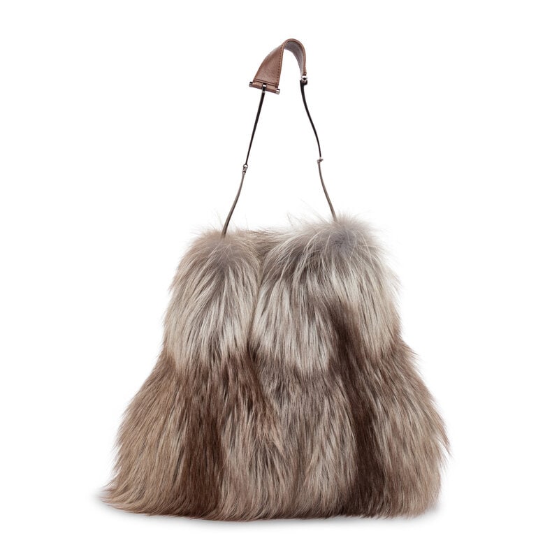 Tom Ford for Gucci, Fox Fur Handbag: Tom Ford for Gucci, Fox Fur Handbag Shoulder bag/tote in fox fur with brown leather trim. Magnetic snap closure and metal horsebit & leather strap. Label: Gucci; by Tom Ford Style/Serial No.: