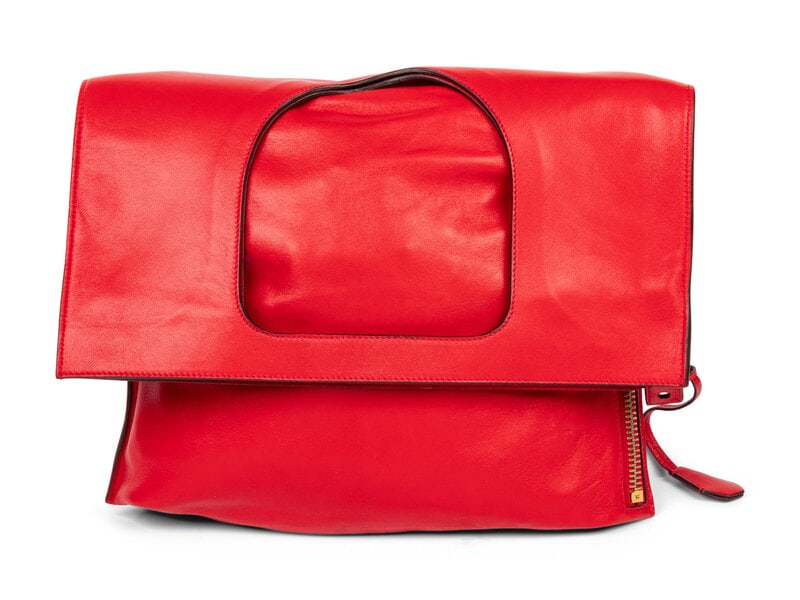 Tom Ford, Red Leather Zipper Tote: Tom Ford, Red Leather Zipper Tote 'Alix' flat zip tote bag in lipstick red ramskin leather. Side exposed zipper closure with locking function; can be held with flat leather handle at top or as