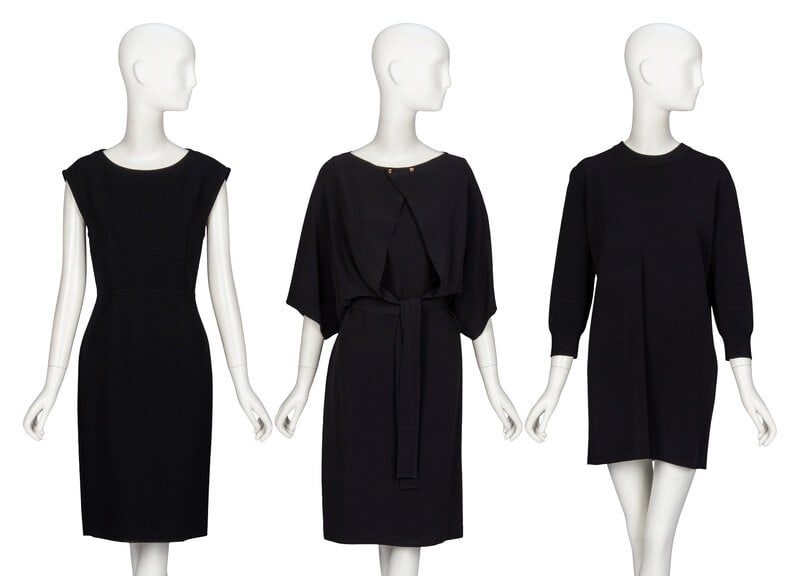 Gucci, Three Black Dresses: Gucci, Three Black Dresses THE FIRSTFitted sheath dress in black stretch-blend viscose jersey knit. Round collarless neckline. Sleeveless. Below-knee length straight skirt. Invisible
