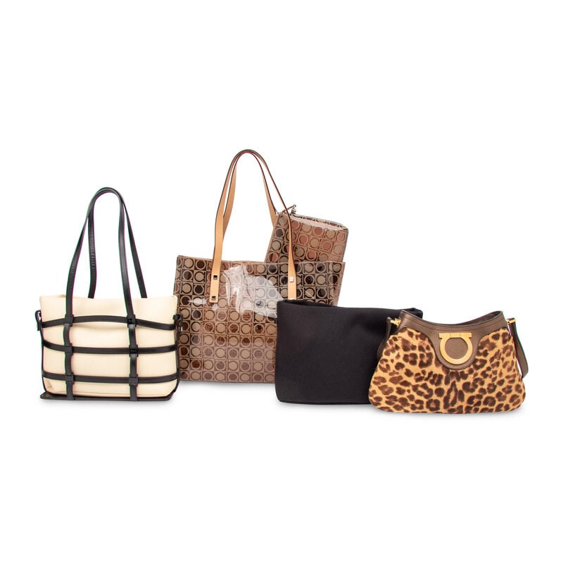 Salvatore Ferragamo, Four Handbags: Salvatore Ferragamo, Four Handbags THE FIRSTHandbag in ecru canvas with black leather trim. Magnetic snap closure and flat leather straps.Label: Salvatore FerragamoS