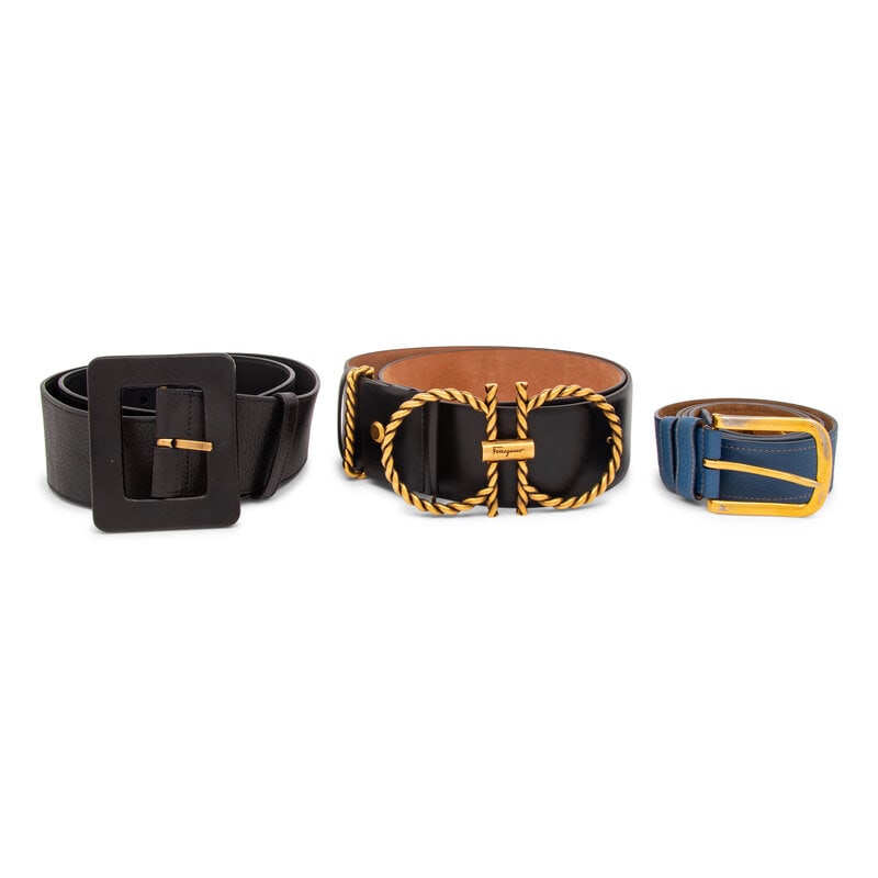 Three Designer Belts: Three Designer Belts THE FIRSTOversized wide belt in black leather with aged gold-tone hardware. Large rectangular leather-covered buckle.Label: Yves Saint Laurent Rive Ga
