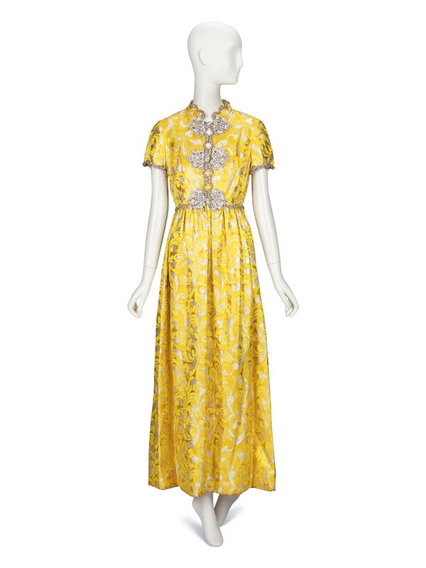 Oscar de la Renta, Yellow Brocade Gown, 1968: Oscar de la Renta, Yellow Brocade Gown, 1968 Evening gown in yellow, gold, and silver brocade. Metallic silver frogs with bead embellishments at front; metallic embroidered and sequin/bead trim at