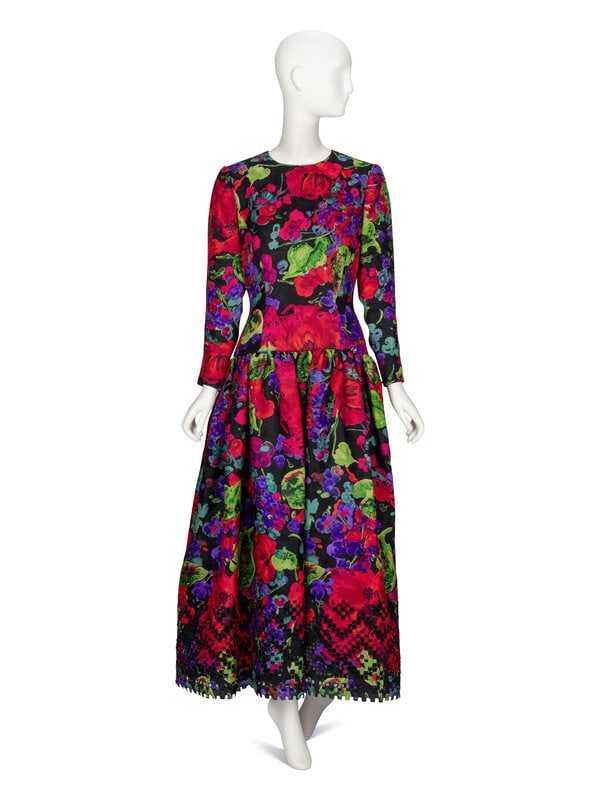 Oscar de la Renta, Floral Print Gown: Oscar de la Renta, Floral Print Gown Evening gown in black & multicolor floral-print floral jacquard. Round neckline. Light padding at shoulders. Full-length set-in sleeves with invisible