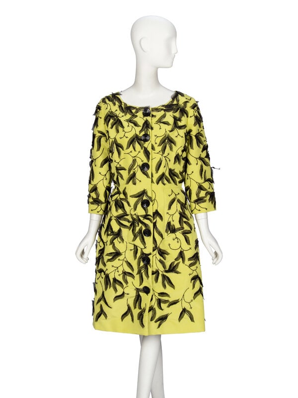 Oscar de la Renta, Embellished Chartreuse Coatdress, 2011: Oscar de la Renta, Embellished Chartreuse Coatdress, 2011 As seen in runway look #36 of the spring/summer 2011 ready-to-wear collection by Oscar de la Renta. Knee-length coatdress in chartreuse