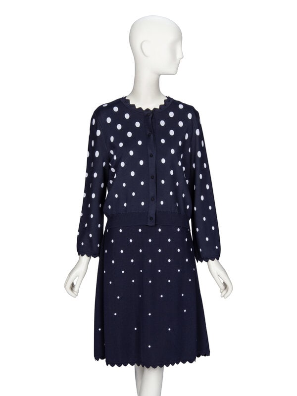 Oscar de la Renta, Polka Dot Dress & Cardigan Ensemble: Oscar de la Renta, Polka Dot Dress & Cardigan Ensemble CARDIGAN Cardigan in intarsia navy blue & white polka dot viscose-blend knit. Round neckline with scalloped-edge trim. Wrist-length