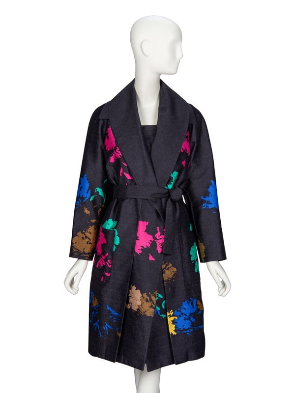 Oscar de la Renta, Jacket & Dress Ensemble: Oscar de la Renta, Jacket & Dress Ensemble JACKET Open-front knee-length jacket in black silk jacquard with an all-over multicolor abstract floral print. Double-layered shawl and pointed