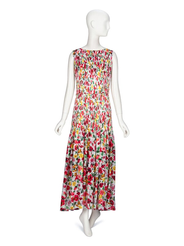 Oscar de la Renta, Floral Pintucked Silk Dress: Oscar de la Renta, Floral Pintucked Silk Dress Sleeveless dress in multicolor floral-print silk charmeuse. Pintucks throughout blouse and top of skirt. Wide bateau neckline. Ankle-length sk