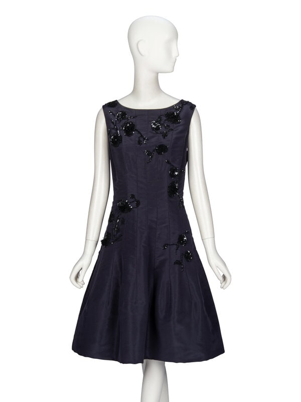 Oscar de la Renta, Navy Silk Cocktail Dress: Oscar de la Renta, Navy Silk Cocktail Dress Sleeveless cocktail dress in deep navy silk faille with tonal sequin embellishments throughout. Wide bateau neckline. Waisted silhouette. Full
