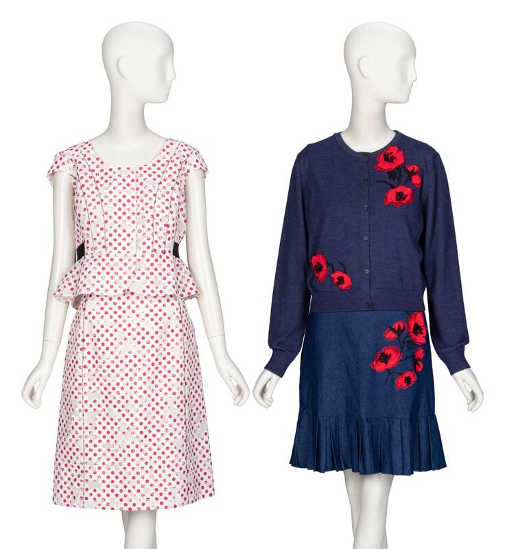 Oscar de la Renta & Carolina Herrera, Two Ensembles: Oscar de la Renta & Carolina Herrera, Two Ensembles THE FIRSTTOPShort sleeve blouse in white cotton-blend burnout with a red polka dot & white floral pr