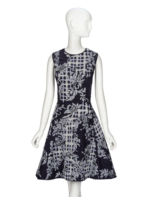 Oscar de la Renta, Lace-Embellished Cocktail Dress: Oscar de la Renta, Lace-Embellished Cocktail Dress Sleeveless cocktail dress in deep navy silk faille with white & navy lace, bead, sequin, and embroidery embellishments. Round neckline. Full