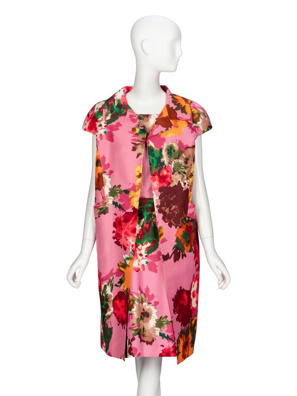 Oscar de la Renta, Floral Silk Faille Dress Enesmble: Oscar de la Renta, Floral Silk Faille Dress Enesmble THE FIRSTOpen-front topper in pink/multicolor floral-print silk faille. Spread camp collar. Cap sleeves. Two welt pockets at sides