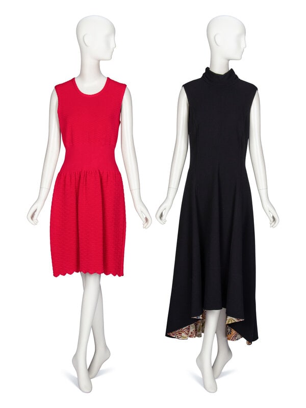Oscar de la Renta, Two Dresses: Oscar de la Renta, Two Dresses THE FIRST Knee-length dress in cherry red viscose-blend textured knit. Round scoop neckline. Cinched ribbed knit panel at waist. Gathered skirt with scalloped
