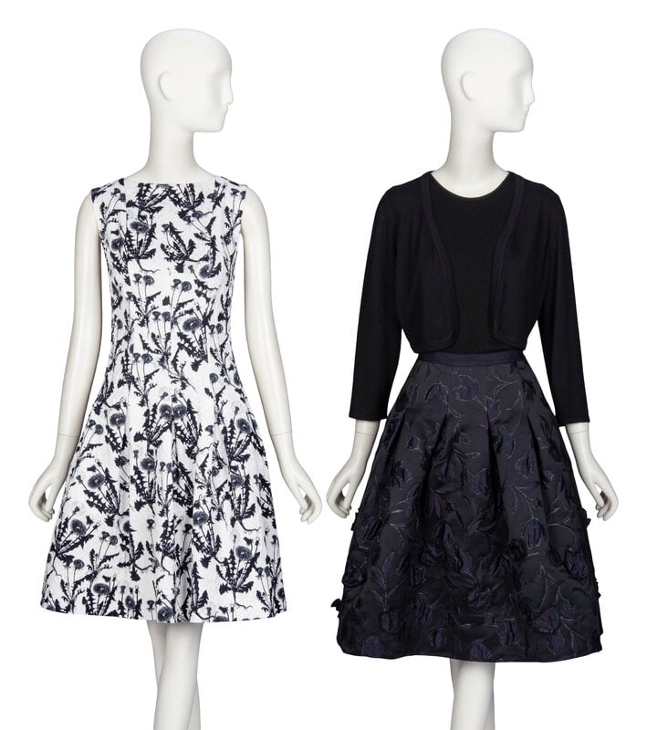 Oscar de la Renta, Dress & Skirt Ensemble: Oscar de la Renta, Dress & Skirt Ensemble THE FIRST Sleeveless dress in cotton-blend textured jacquard with an all-over black & white botanical print. Wide bateau neckline. Fitted at waist.