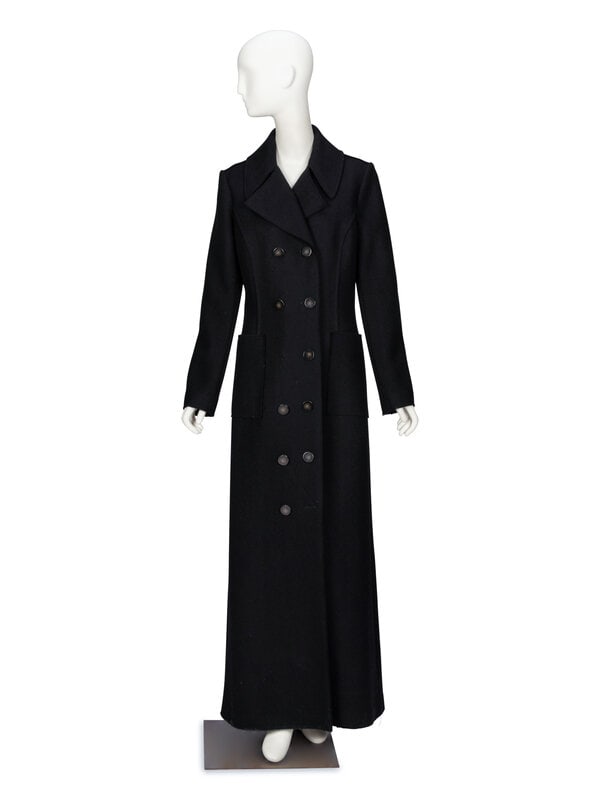 Carolina Herrera, Black Wool Coat: Carolina Herrera, Black Wool Coat Full-length coat in black stretch-blend felted wool. Spread collar with notched lapels. Full-length set-in sleeves with three functional button closures at