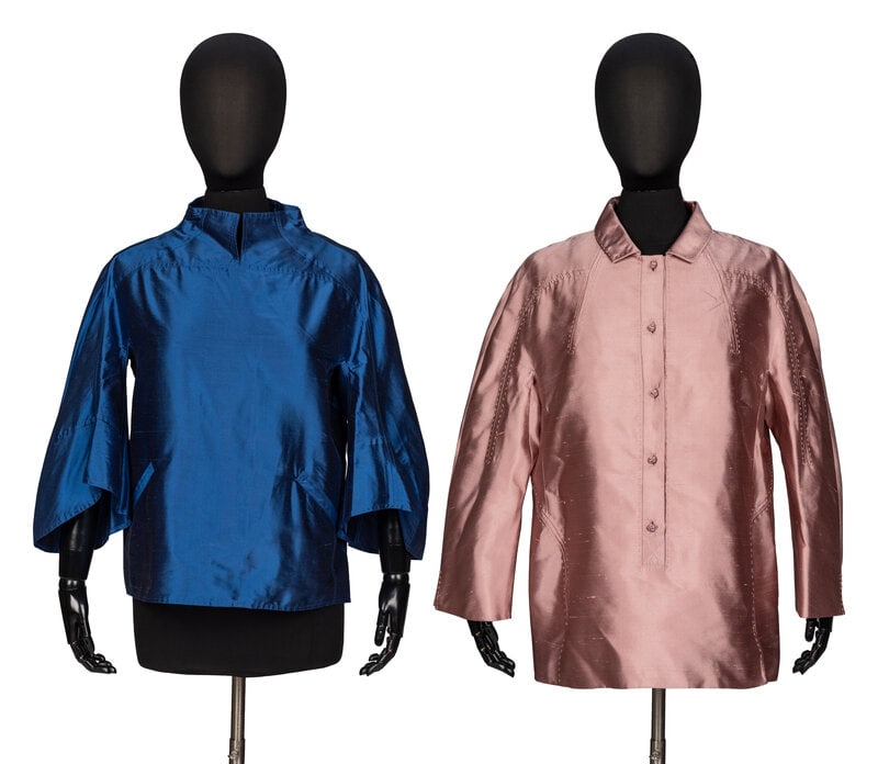 Ralph Rucci, Two Silk Shantung Tops: Ralph Rucci, Two Silk Shantung Tops THE FIRST Blouse in sapphire blue silk shantung. Incorporated stand collar with short slit at front. Three-quarter-length bell-shaped raglan sleeve