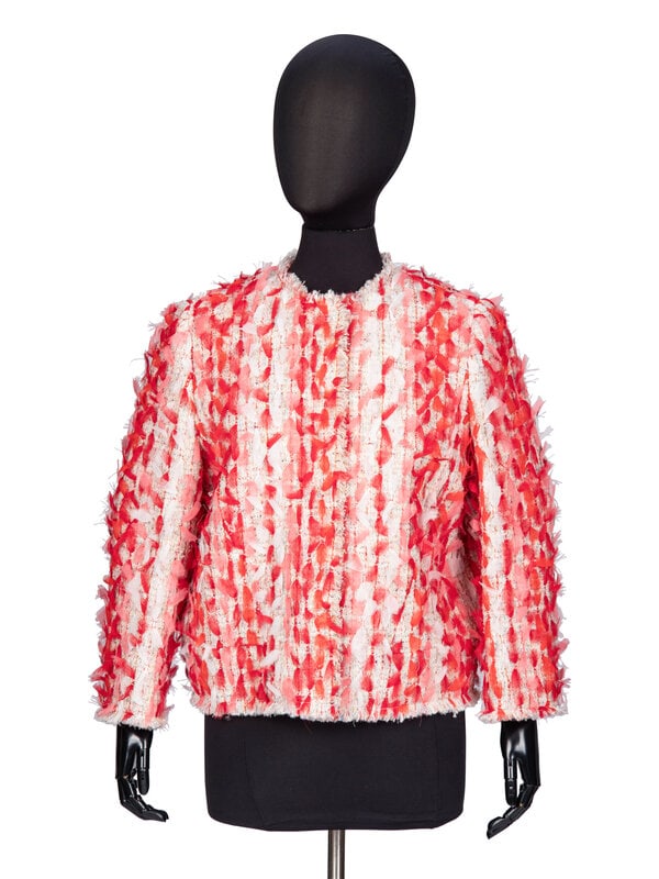 Alexander McQueen, Frayed Tweed Jacket: Alexander McQueen, Frayed Tweed Jacket Cardigan jacket in off-white/multicolor cotton-blend bouclé tweed, with pink and red frayed silk chiffon embellishments. Collarless round neckline.