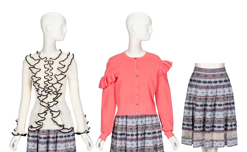 Alexander McQueen, Three Knit Pieces: Alexander McQueen, Three Knit Pieces THE FIRSTFitted Henley top in cream wool knit with black edge trim and self-fabric flounces throughout. Round neckline with ruffle collar. Full-le