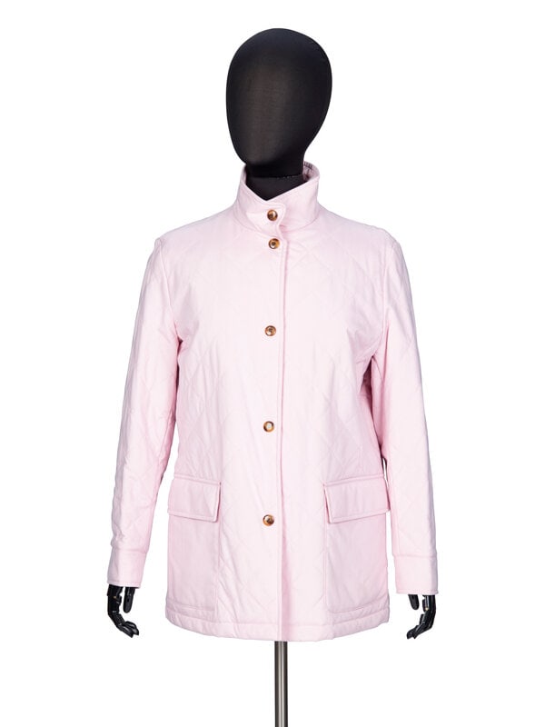 Loro Piana, Pink StormSystem Quilted Jacket: Loro Piana, Pink StormSystem Quilted Jacket Hip-length jacket in baby pink quilted & padded StormSystem nylon. Optional stand/spread collar. Full-length sleeves with snap-closure cuffs. Two
