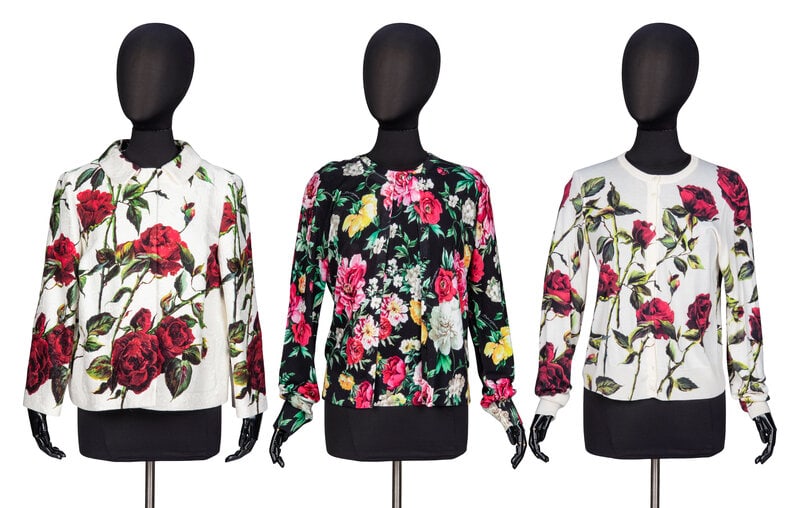 Dolce & Gabbana, Three Floral-Print Tops: Dolce & Gabbana, Three Floral-Print Tops THE FIRST Jacket in white cotton-blend jacquard with an all-over red & green rose print. Spread collar. Wrist-length set-in sleeves. Two patch