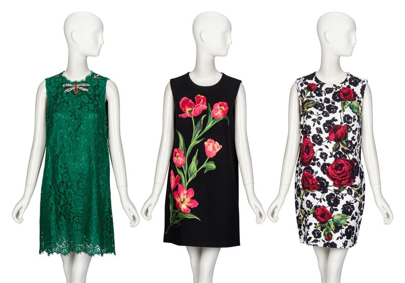 Dolce & Gabbana, Three Shift Dresses: Dolce & Gabbana, Three Shift Dresses THE FIRSTSleeveless shift dress in kelly green cotton-blend lace. Rhinestone bee & dragonfly embellishments around neckline. Round collarl