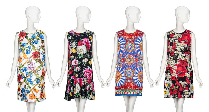 Dolce & Gabbana, Four Sleeveless Shift Dresses: Dolce & Gabbana, Four Sleeveless Shift Dresses THE FIRSTSleeveless shift dress in white cotton/silk-blend jacquard with an all-over multicolor floral print. Round collarless neckl