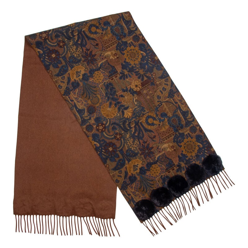 J. Mendel, Cashmere & Fur Scarf: J. Mendel, Cashmere & Fur Scarf Scarf in brown felted cashmere with a navy & brown paisley print on one side. Features navy fur rosette embellishments and fringe at ends. Label: J. Mendel